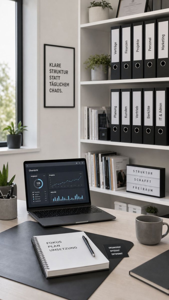 Ordentlich strukturierter Arbeitsplatz mit klar sortierten Unterlagen und digitalen Hilfsmitteln als Sinnbild für Struktur statt Chaos und alltagstaugliche Systeme.